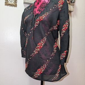 Fred David Black Blouse with Red Floral Design